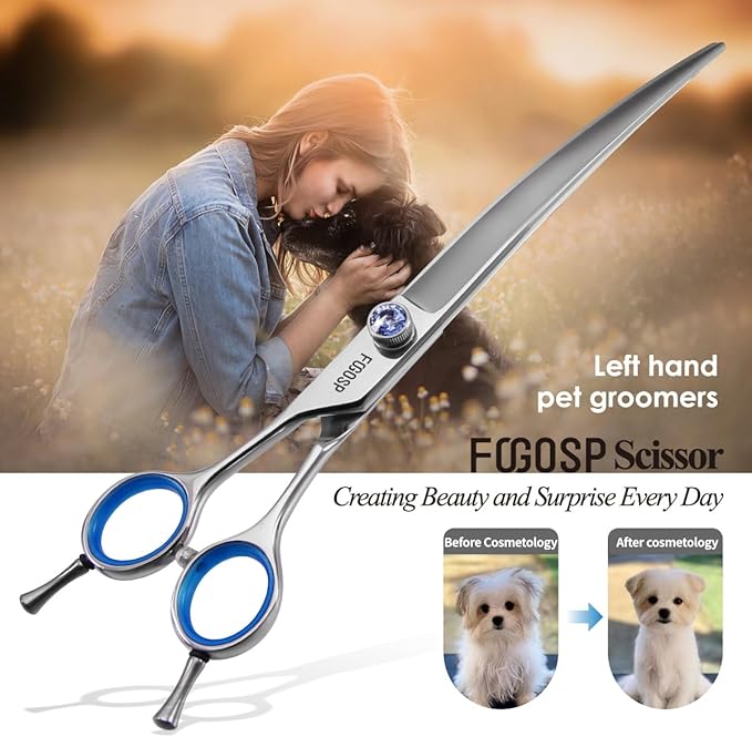 Left Handed Curved Dog Grooming Scissors 7.5 Inch Professional Shears for Poodle Large Pet 30 Degree Japanese 440C Super Sharp