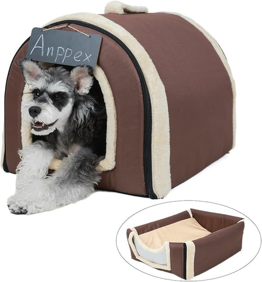 ANPPEX Igloo Dog House Indoor,L Size Dog Cave for Small and Medium Dogs,2-in-1 Washable Covered Dog Bed,Brown