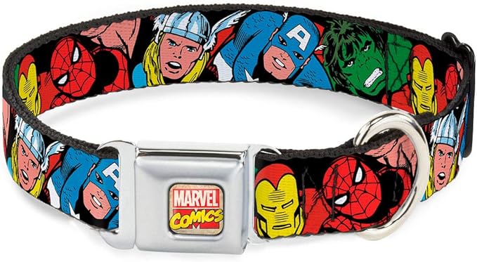 Buckle-Down Seatbelt Buckle Dog Collar - 5-Marvel Characters Black - 1" Wide - Fits 11-17" Neck - Medium