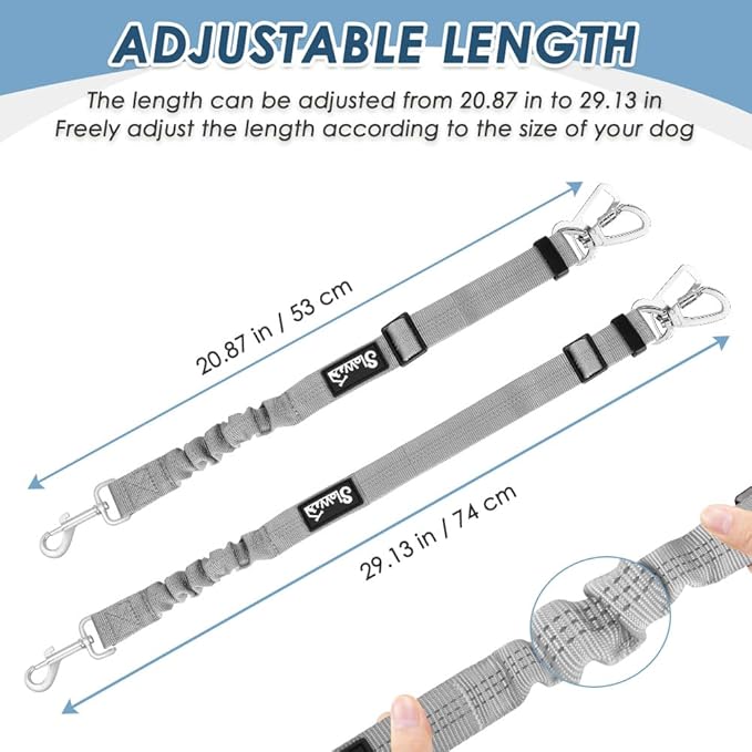 SlowTon Dog Seatbelt, 2 Pack Dog Seat Belt Car Leash Adjustable Elastic Bungee Buffer Heavy Duty Nylon Reflective Pet Safety Tether Connect to Dog Harness for Travel Riding in Vehicle (Daul Clip, GY)