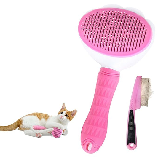 Cat Brush for Grooming, Pet Self Cleaning Slicker Brush with Cat Hair Comb (PINK PLUS)