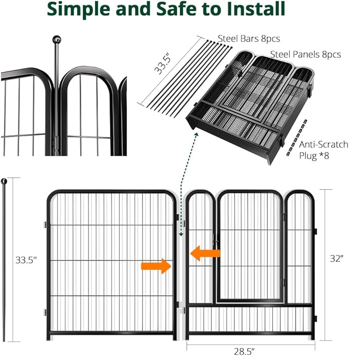 PawGiant Dog Fence Playpen 24”/32”/40” Indoor Outdoor for Small/Medium/Large Dogs, Metal Pet Puppy Cat Exercise Fencing Gate Crate Cage Outside RV, Camping, Yard, Garden