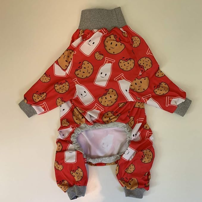 Tooth & Honey Pitbull Dog Pajamas – Red Milk & Cookie Print Onesie for Medium Dogs – Lightweight Full Coverage Dog Clothes for Shedding, Recovery & Warmth – Pullover Pajamas (Medium)