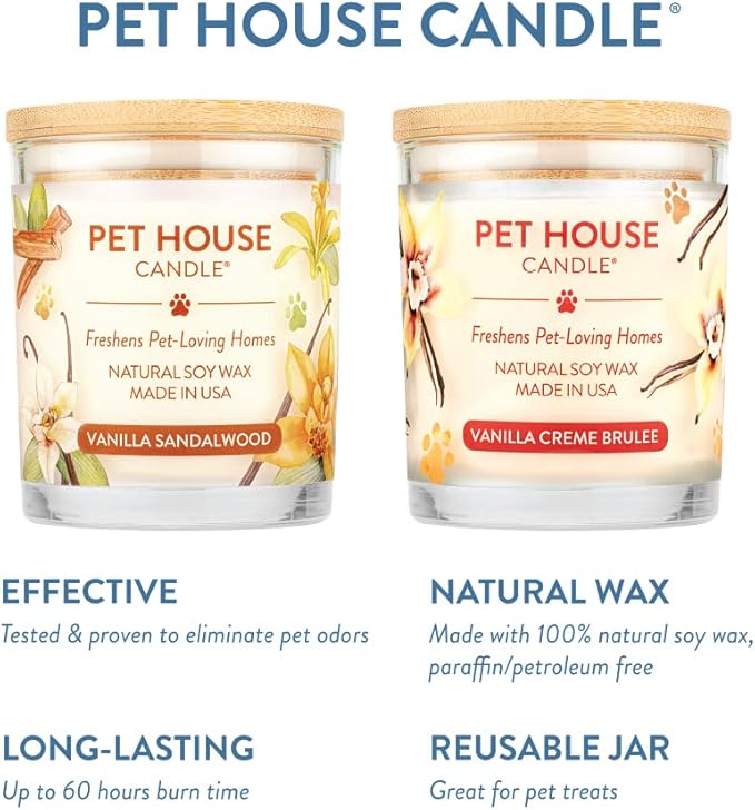One Fur All Pet House Candle 2 Pack - Plant-Based/Soy - Clean Burning, Long Lasting Pet Odor Candle - Vanilla Sandalwood, Vanilla Creme Brulee