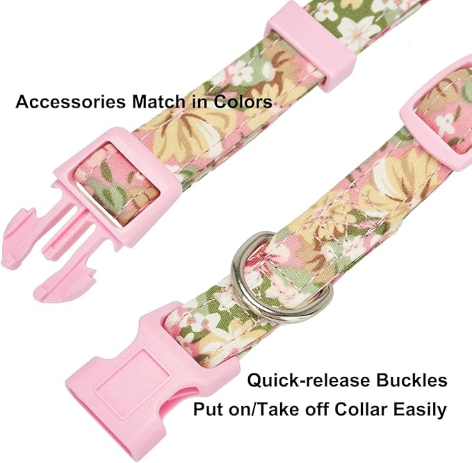 Cotton Dog Collar Soft Lightweight with Hand-Tied Knot Bow for Small Dogs.(S, Pink Floral)