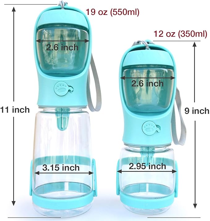 Dog Water Bottle with Food Container Holder, Travel Puppy Drinking Bowl, Portable Pet Water Dispenser, Patented Design, Food Grade Plastic 12 oz Water Bottle+100g Snack cans