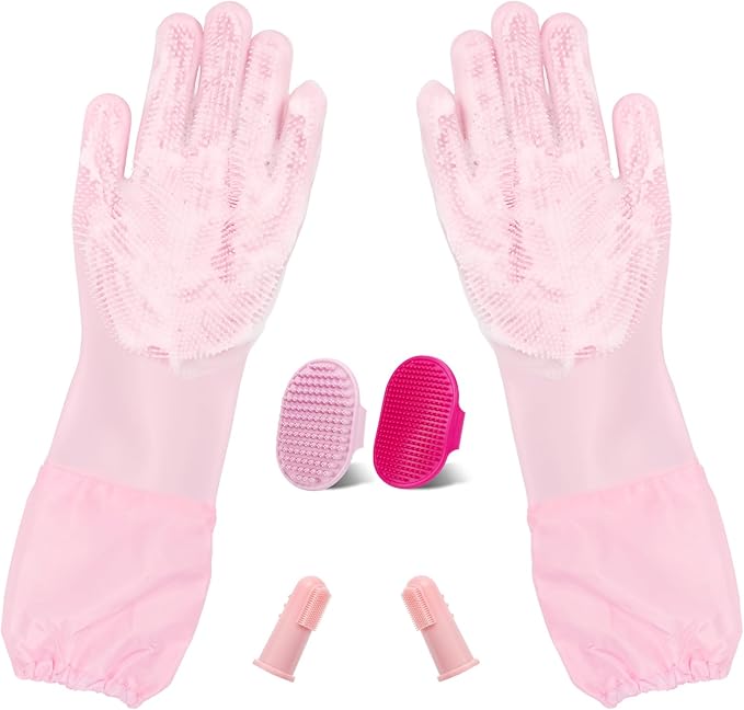 6PCS Pet Grooming Set - Lengthen Dog Washing Gloves, Dog Bath Brush, Dog Toothbrush Finger, Dog Shampoo Brush, Silicone Pet Bathing Gloves for Gentle Cleaning, Massaging, Shedding (Pink Grooming Set)