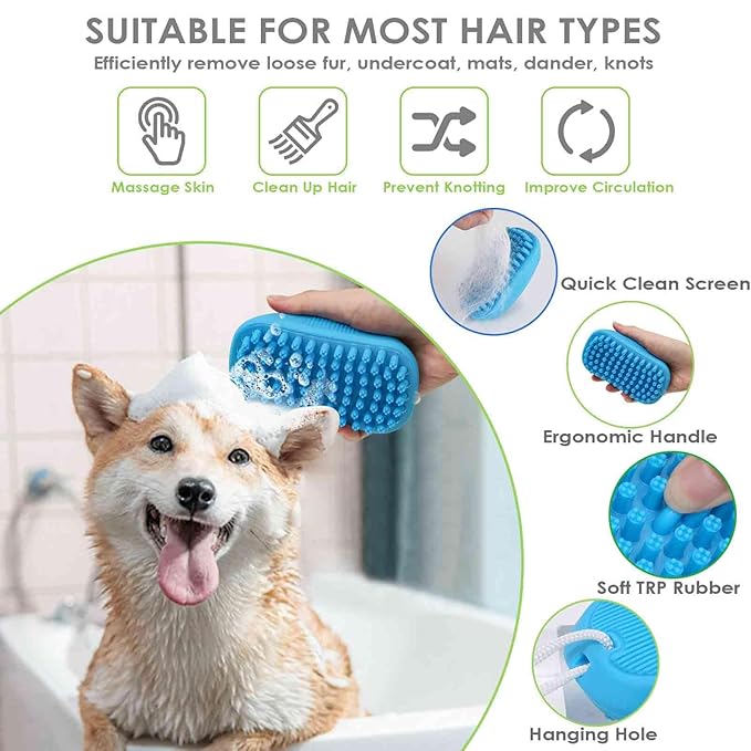 Dog Grooming Brush, Premium Soft Silicone Pet Bath Brushes, Rubber Massage Shampoo Soothing Comb Scrubber for Wet Dry Long Short Haired Dogs & Cats Massaging, Deshedding Shower