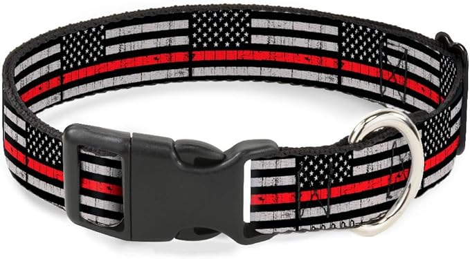 Buckle-Down Dog Collar Plastic Clip Thin Red Line Flag Weathered Black Gray Red 15 to 26 Inches 1.0 Inch Wide