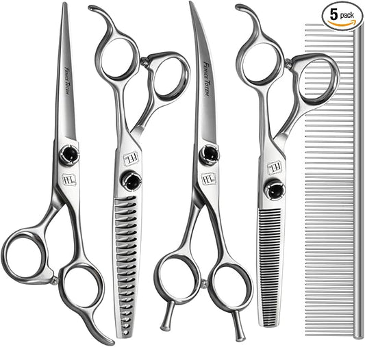 Dog Grooming Scissors: 5 in 1 Pet Shears Kit Made Of Japanese 9CR Advanced Stainless Steel Professional Grooming Scissors for Dogs Cats and Other Pets