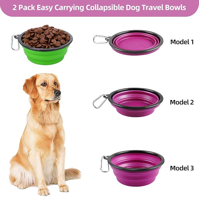 Kytely Large Collapsible Dog Bowls 2 Pack, 34oz Foldable Dog Travel Bowl, Portable Pet Water Food Bowl with Clasp, Pet Cat Feeding Cup Dish for Traveling, Walking, Hiking (Green+Purple)