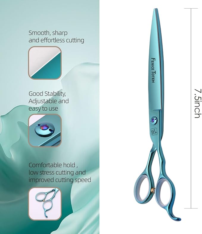 Dog Grooming Scissors: Blueish Green 7.5 inch Pet Straight Shears Made Of Japanese 440C Advanced Stainless Steel Professional Grooming Scissors for Dogs Cats and Other Pets