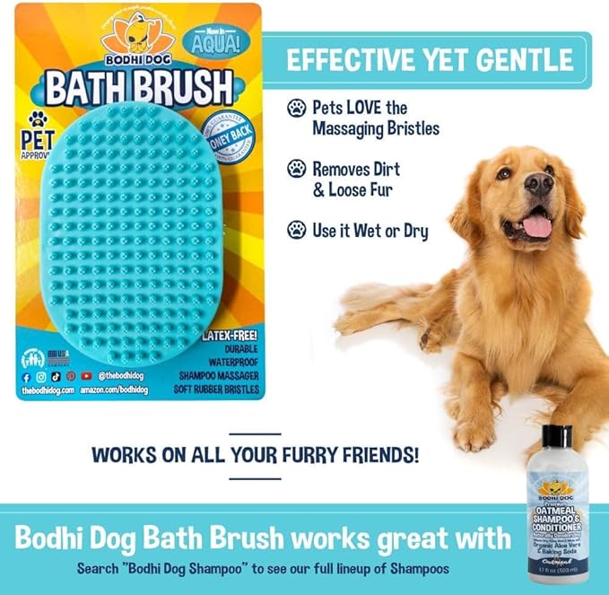 Bodhi Dog Shampoo Brush - Pet Grooming & Bath Supplies for Cats and Dog - Bath Brush for Long & Short Hair - Premium Scrubber for Shower, Bathing & Massage (One Pack, Aqua)