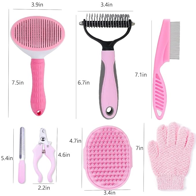 7 PCS Dog Grooming Kits,Pet Shedding Brush，Pet Self-Cleaning Brush with Pet Nail Clipper, Flea Comb and Shampoo Bath Brush