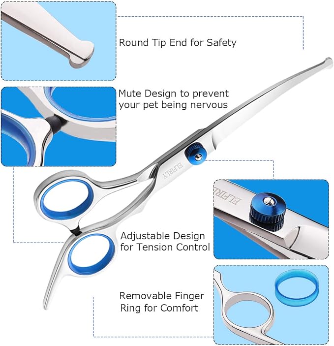 Dog Grooming Scissors Set with Safety Round Tip (2 Pack - Curved Scissors Thinning Shears for Pets) Blue