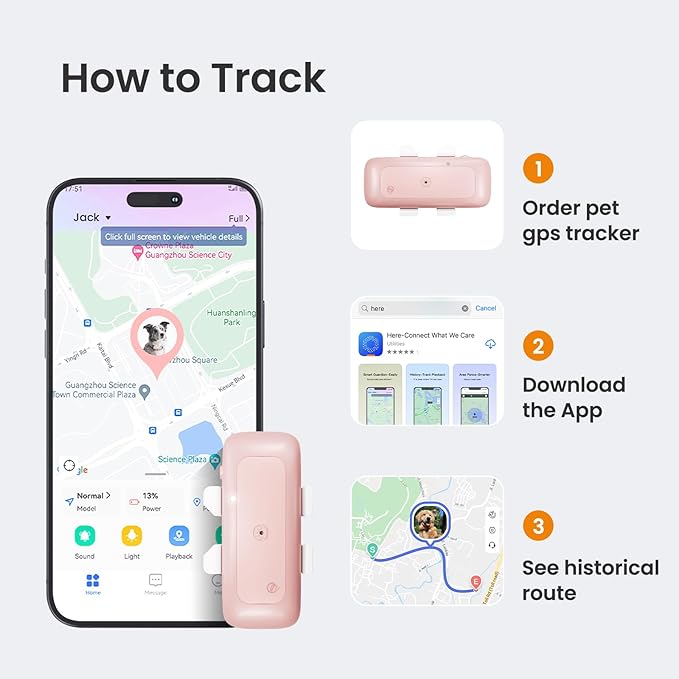 TSK Cat Dog GPS Tracker Smart Waterproof Tracker with Real-Time Location Escape Alerts Activity Monitor for Dogs Cats 6.5lbs+ Pink