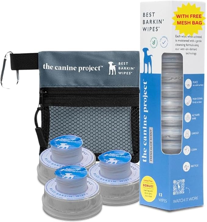 Best BARKIN' Wipes with Free Mesh Bag - Dog Wipes for Paws Ears and Butt - Micellar Aloe Scented Travel Friendly Puppy Wipes (12-Pack)