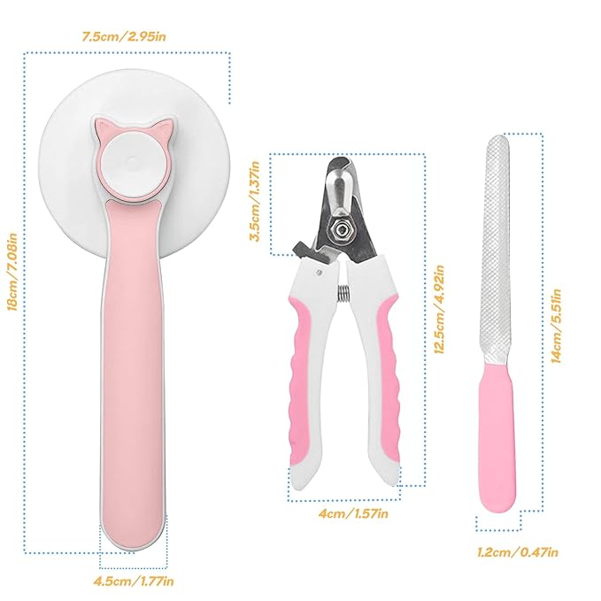 Grooming Brush with Release Button - Nail Trimmer, Hair Cleaner Brush for Shedding Long or Short Hair Cats and Dogs, Pet Massage Brush Pink