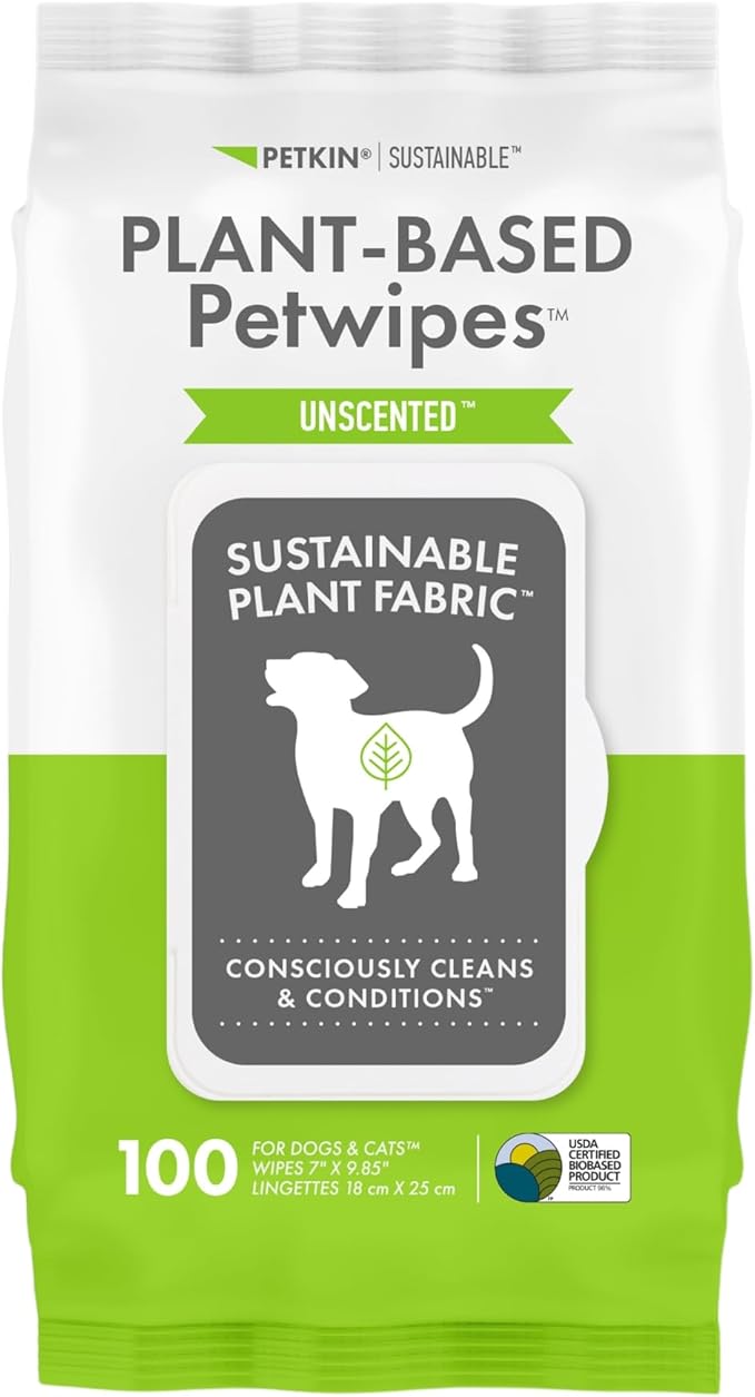 Petkin Plant-Based PetWipes, 100 Wipes - Biobased, Sustainable, Big & Thick Pet Wipes for Dogs & Cats - for Face, Paws, Ears, Body & Eye Area - Consciously Cleans & Conditions - Unscented