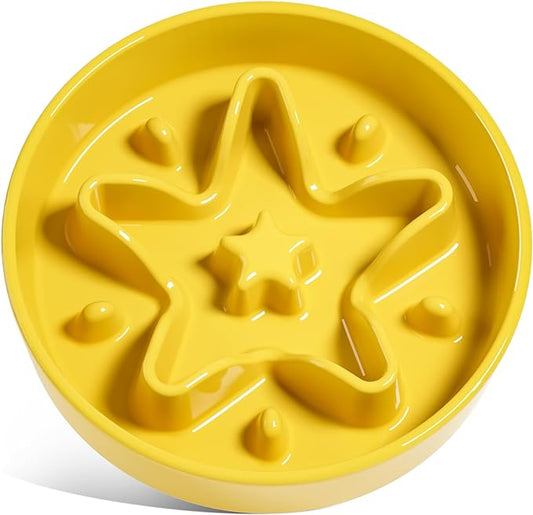 LE TAUCI Ceramic Slow Feeder Dog Bowl, 1.5 Cups, Small Medium Breed, Puppy, Star Yellow