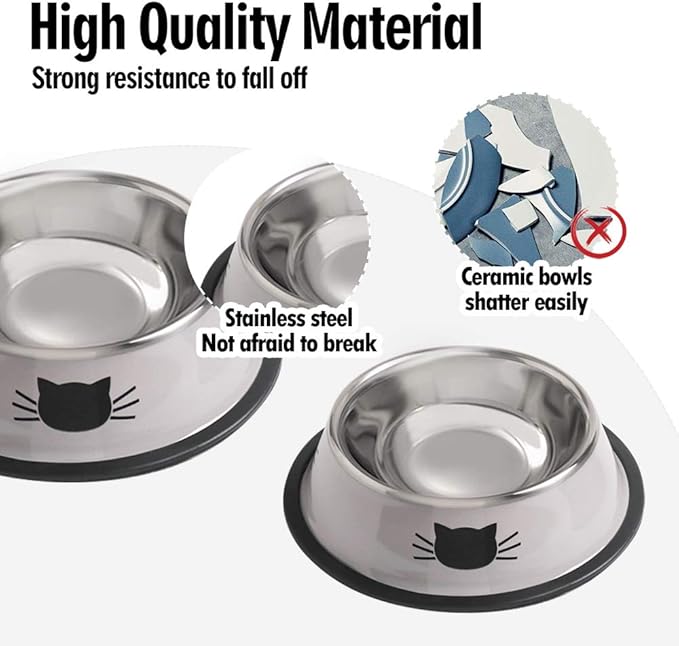 Cat Bowls for Food and Water,2PCS Rapsrk Non-Slip Stainless Steel Small 8 Oz Pet Bowl with Removable Rubber Base Dog Bowl,Stackable Puppy Dishes with Cute Cat Painted