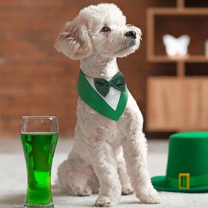 FUAMEY St.Patrick's Day Dog Tuxedo,Pet Green Collar Puppy Costume Adjustable Dog Bandana Cosplay Party Doggie Bibs,Irish Lucky Dress-Up Dog Bow Tie Green and White XS