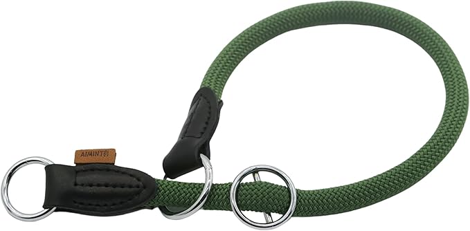 Braided Rope Collar, Pro Training Dog Collar, No Pull Round Martingale Collar, Slip Collar with Slidable Stop Ring - Ideal for Large Dogs (L(1/2") - 22" Long, Dark Green)