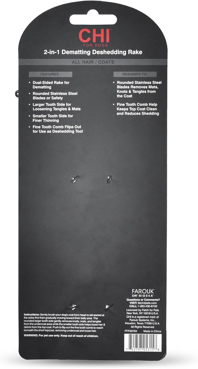 CHI for Dogs 2-in-1 Dematting Deshedding Rake, Flip-Out Fine Rake for Deshedding and Smoothing, Large Rake for Dematting Dogs; Dog Grooming Tool for Mats and Knots