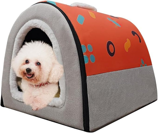 Dog Bed or Cat Bed,2 Ways to Use,Indoor Pet House with Fluffy Mat,Removable and Washable Cover,Splash-Proof House and Non-Slip Bottom,for Medium Dogs and Cats(L Orange & Gray)