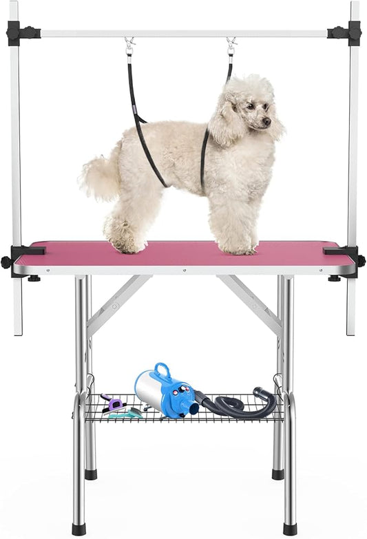 APRILSOUL 36 Inch Pet Grooming Table for Small Dogs,Adjustable Height,Foldable,Anti-Slip Surface,with Arms, Nooses, Mesh Tray