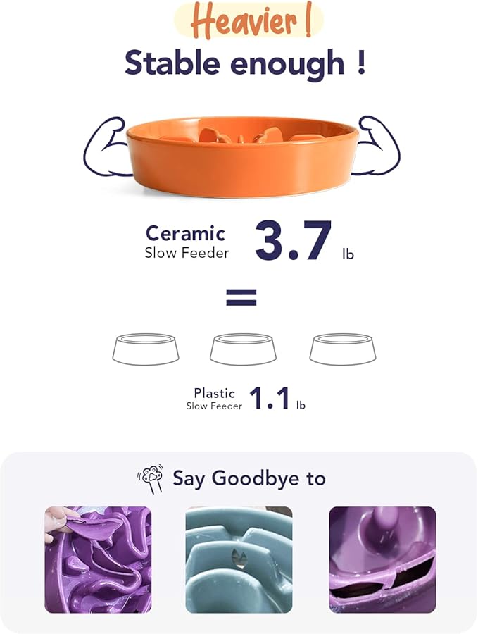 LE TAUCI Dog Bowls Slow Feeder Ceramic, 3 Cup Slow Bowl, 9.5 Inch Puzzle Feeders, Sun Orange