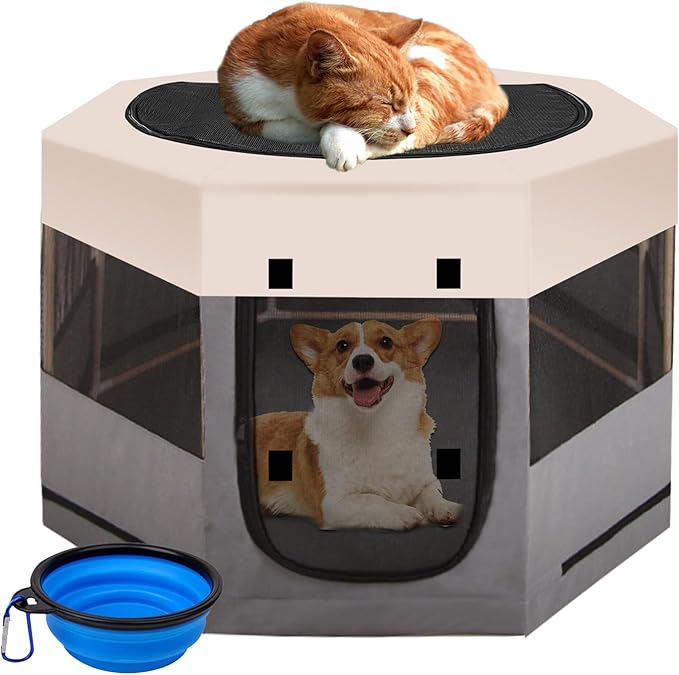 Pet Playpen with Zipper Top, Carrying Case, and Bowl - Foldable Pet Crate 35'' x 35'' x 22'' - Portable Pet Pens Ideal for Outdoor and Indoor Use