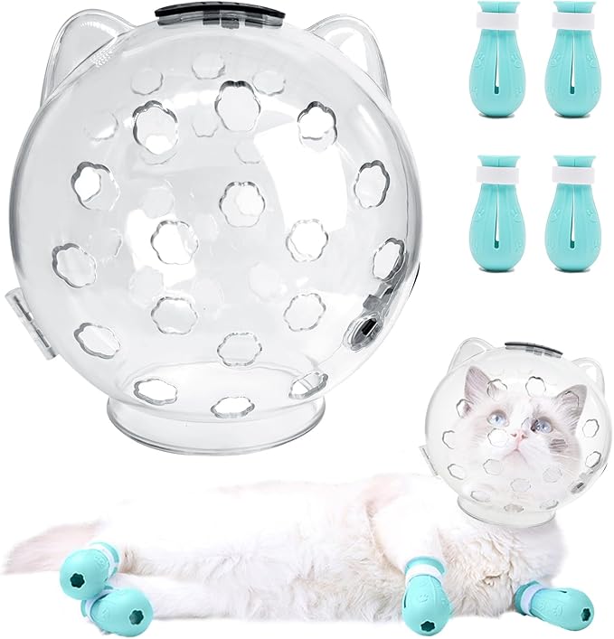 Fhiny Cat Muzzle,Transparent Helmet with 4 Boots Adjustable Breathable Kitty Hood Anti Bite Bubble Astronaut Mask Silicone Claw Covers for Cats Bathing Shaving Grooming (Medium)