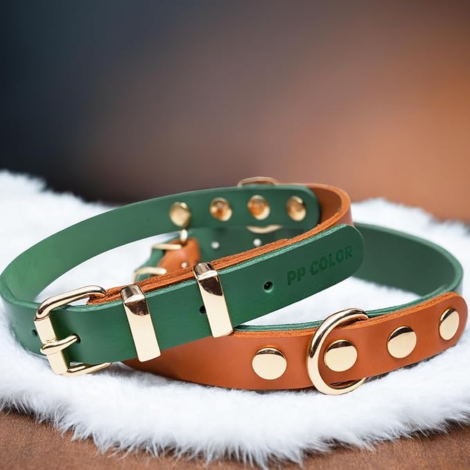Premium Genuine Leather Dog Collar - Durable 4.5mm Thick, Color-Blocking Design with Rose Gold Hardware, Available in 4 Sizes for Small, Medium and Large Dogs, Green 16.5-20 in
