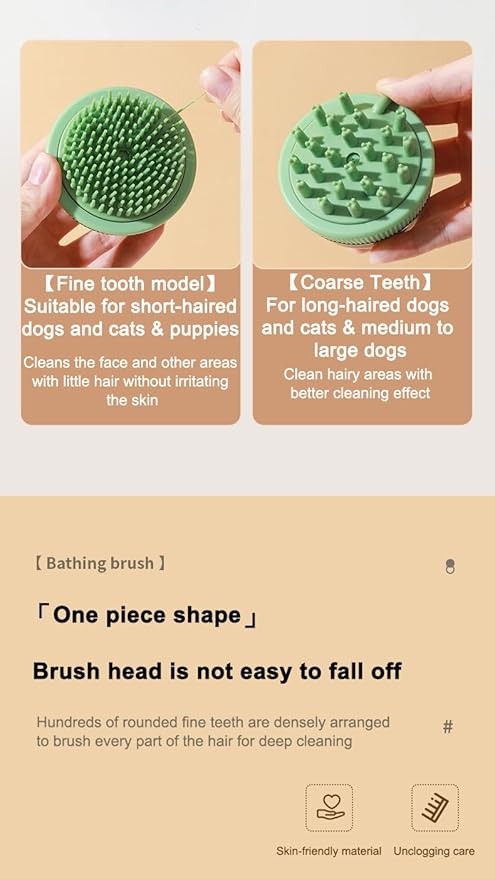 GERGOL - Dog Cat Bath Brush Comb Silicone Rubber Dog Grooming Brush Silicone Puppy Massage Brush Hair Fur Grooming Cleaning Brush Soft Shampoo Dispenser with release button 2 Replaceable Brush (Green)