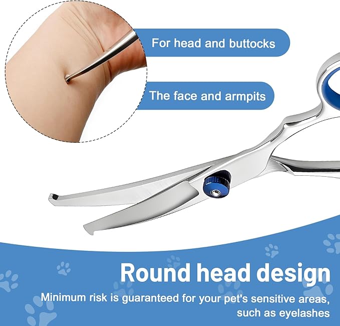 Curved Dog Grooming Scissors with Safety Round Tips, Light Weight Professional Pet Trimming Grooming Shears 4CR Stainless Steel for Nose Hair,Ear Hair,Face Hair,Paw Hair for Dogs and Cat