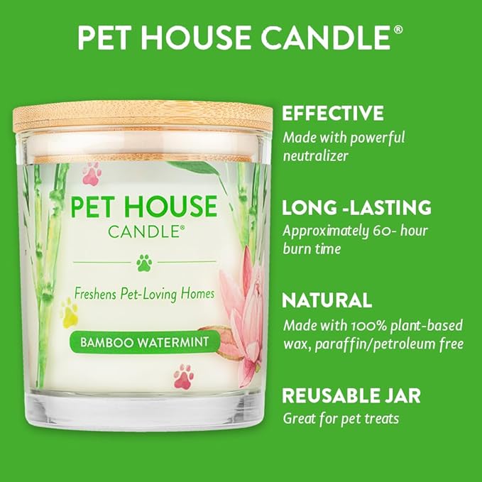 One Fur All Pet House Candle - 2 Pack, Plant-Based, Clean Burning, Long Lasting, Pet Odor, Bamboo Watermint