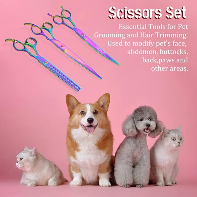 LILYS PET HIGH-END SERIES Japan 440C Stainless Steel Professional Pet Grooming Scissors Set,Rainbow Color,Cutting&Thinning&Two-way Curved shears Set (8.0")