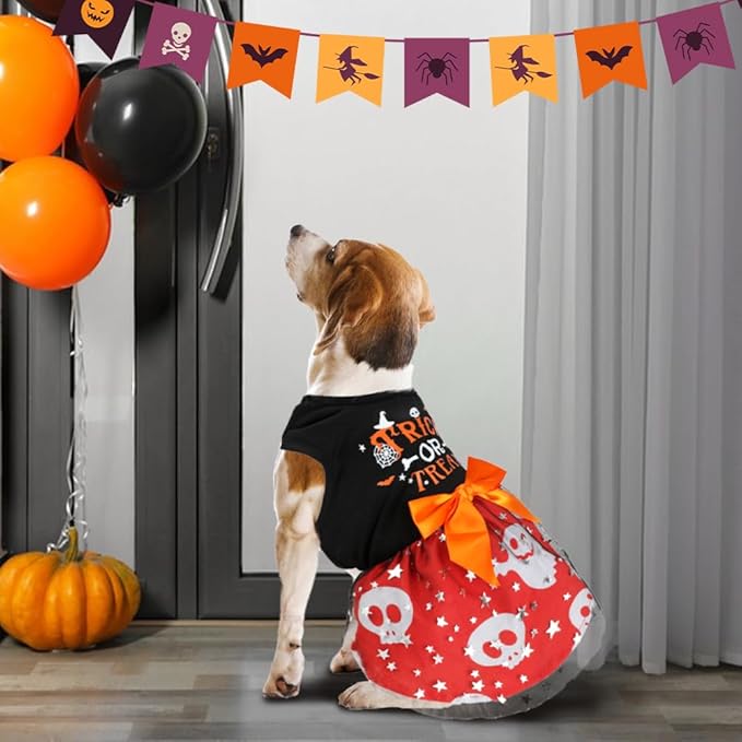 Funny Puppy Dress with Bow - Small/Large Dog Halloween Costume - Pumpkin Witch Bat Pet Dress - Trick or Treat