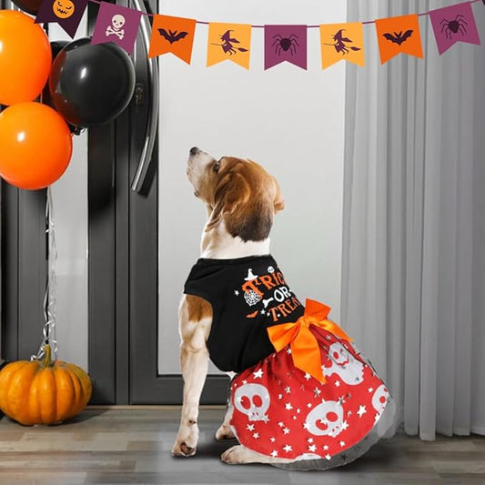 Dog Halloween Costumes Dog Dresses, Halloween Costumes for Dogs Funny Puppy Dress with Bow for Small Large Dogs, Pumpkin Witch Bat Pet Costume Halloween Christmas (Large, Trick or Treat)