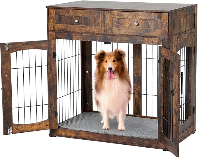 Dog Crate Furniture with Drawers and Cushion, 39.4" 3-Doors Dog Furniture, Wooden Dog House Kennel for Large/Medium/Small Dog, Dog Crate Table, Indoor End Table Dog House (Rustic Brown)
