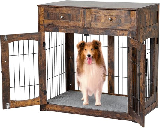 Dog Crate Furniture with Drawers and Cushion, 39.4" 3-Doors Dog Furniture, Wooden Dog House Kennel for Large/Medium/Small Dog, Dog Crate Table, Indoor End Table Dog House (Rustic Brown)