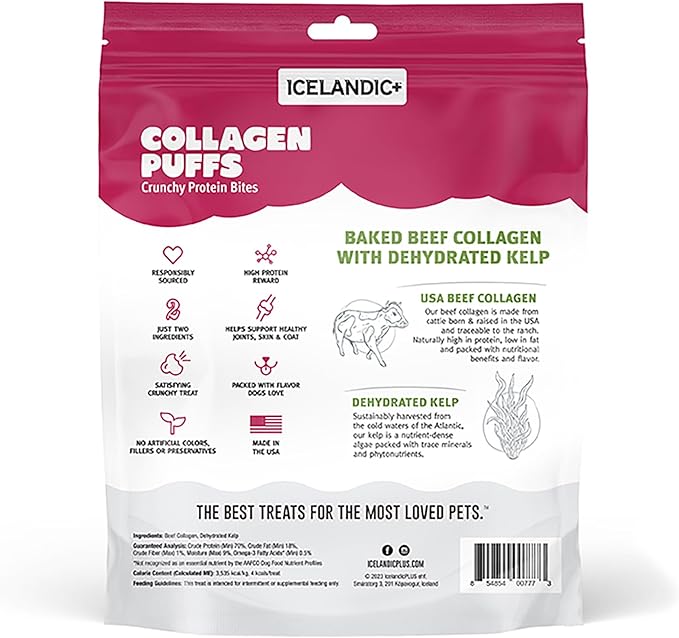 Icelandic+ Collagen Puffs: Baked Beef Collagen W/Dehydrated Kelp 2.5oz - Treats for Med-Lg Dogs, Crunchy Protein Bites