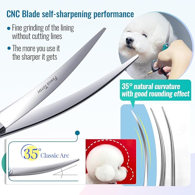 Fenice Dog Grooming Curved Scissors: 6.5" Pet Self-sharpening Split Finishing Shears for Dogs' Faces and Eyes Lightweight Ideal for Tight Spaces and Detailed Grooming Japan VG10 Alloy Steel 63HRC