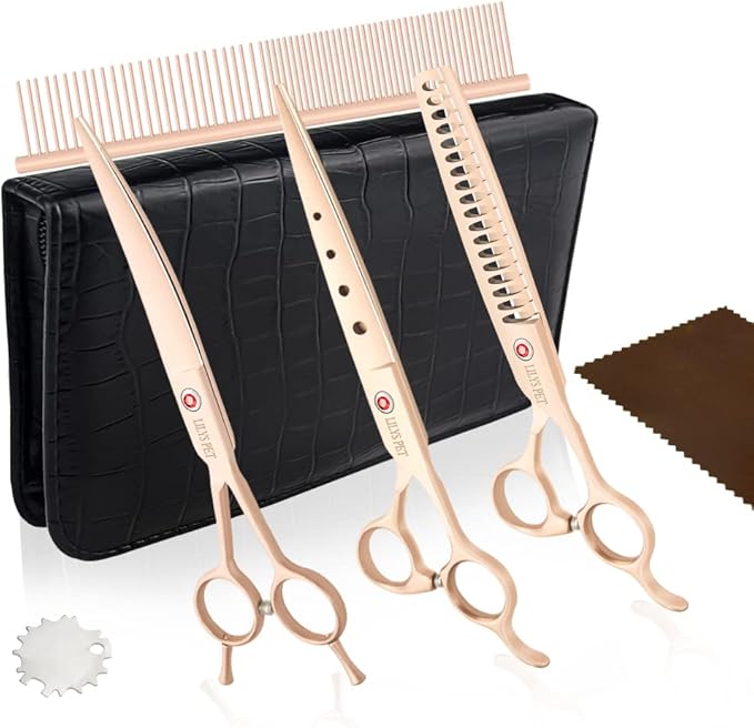 LILYS PET Professional PET DOG Grooming scissors Cutting&Curved&Thinning shears,Round Hole Design, Shark Teeth Thinning scissor (7", Gold)