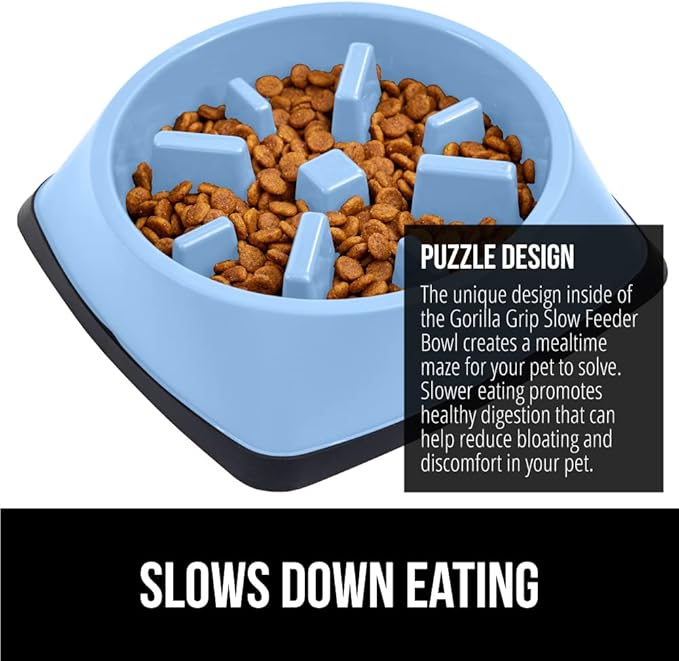 Gorilla Grip Slow Feeder Dog and Cat Bowls, Interactive Puzzle Toy for Dogs and Cats Food Training, Keeps Pets Busy and Prevents Puppy Overeating, Large, Small Breeds, 100% BPA Free, 4 Cup Light Blue