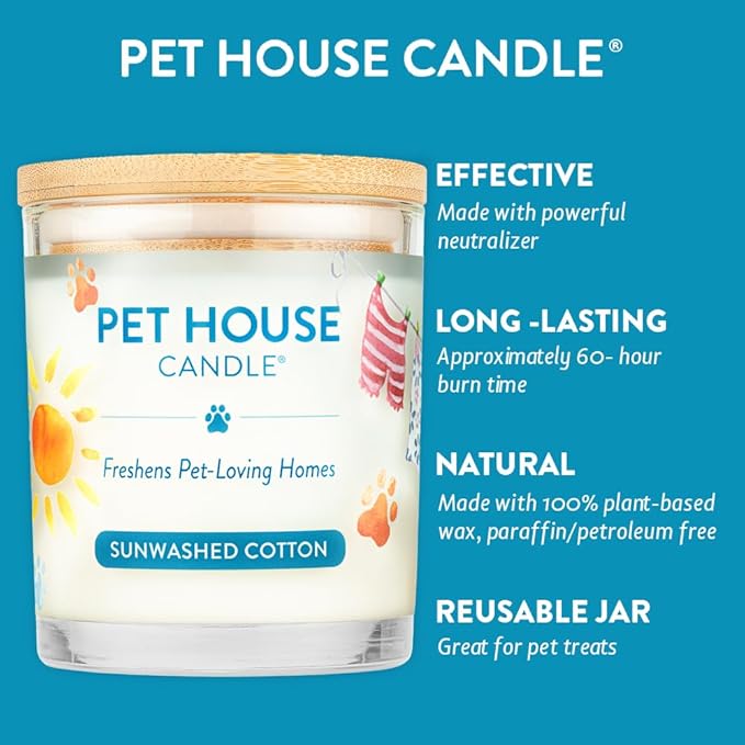 One Fur All 100% Natural Soy Wax Candle, 20 Fragrances - Pet Odor Eliminator, Appx 60 Hrs Burn Time, Non-toxic, Eco-Friendly Reusable Glass Jar Scented Candles – Pet House Candle, Sunwashed Cotton