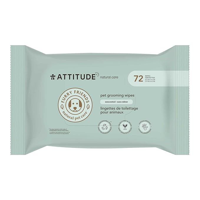 ATTITUDE Pet Grooming Wipes, Plant and Mineral-Based Ingredients, Vegan and Cruelty-Free Biodegradable Products, Unscented, 72 count