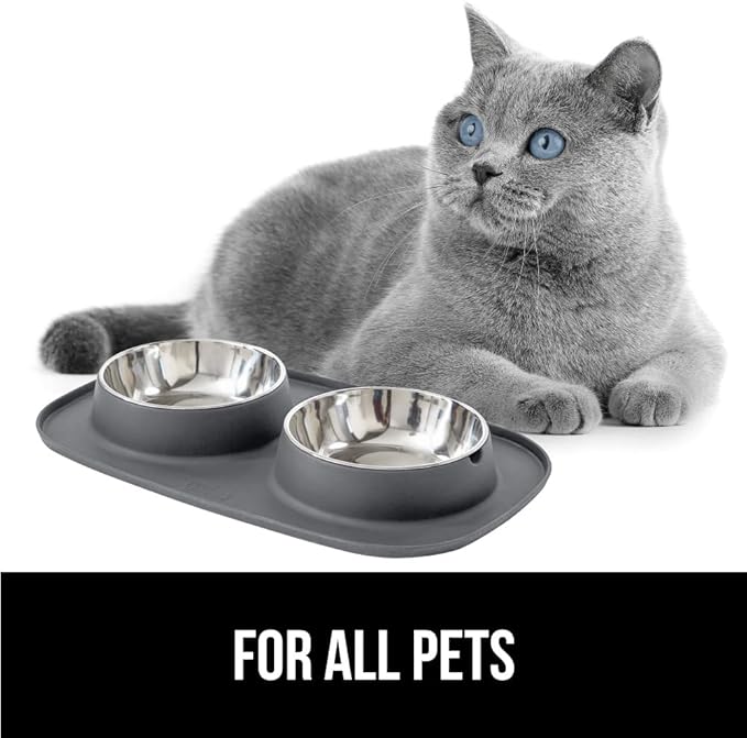 GORILLA GRIP Patent Pending 100% Waterproof BPA Free 3 Cup Cat and Dog Bowls Silicone Feeding Mat Set, Stainless Steel Bowl Slip Resistant Raised Edges, Catch Water, Food, Pet Accessories, Gray