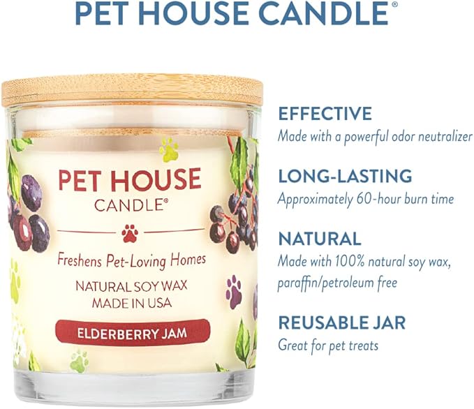 One Fur All Pet House Candle 2 Pack - Plant-Based/Soy, Long Lasting Pet Odor Candle for Home - Elderberry Jam